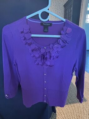 White House Black Market Violet Floral Appliqué Cardigan